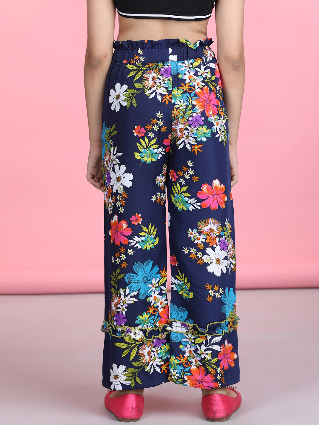 Cutiekins Printed Polyester Palazzos- Navy Blue & Multi
