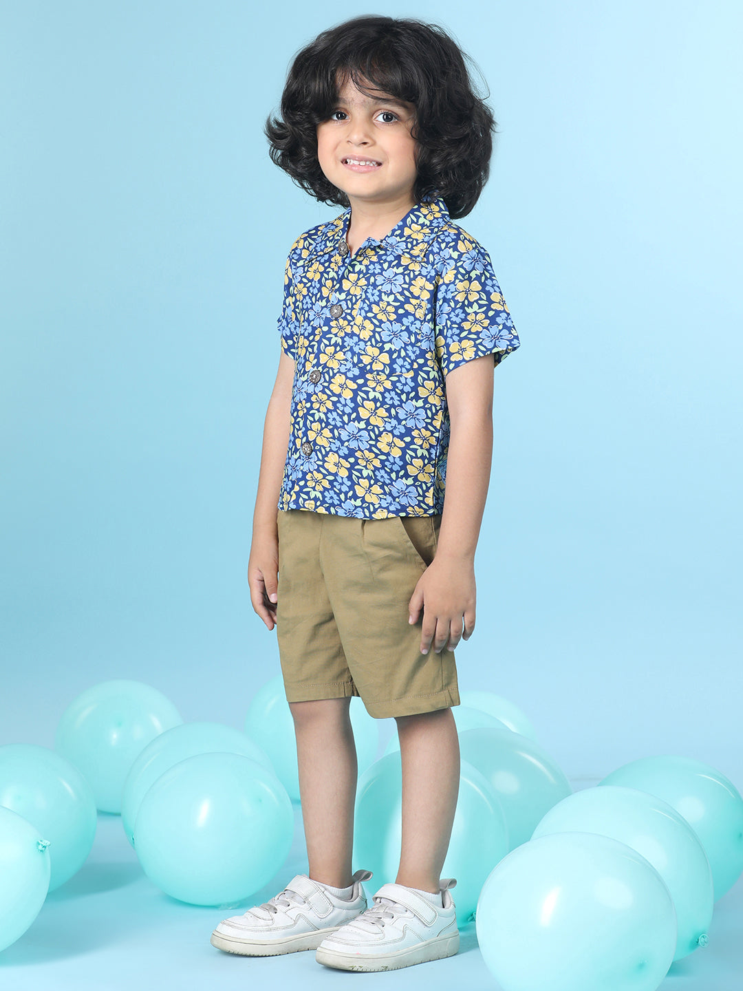Cutiekins Boys Floral Print Shirt With Solid Short -Navy Blue & Camel Brown