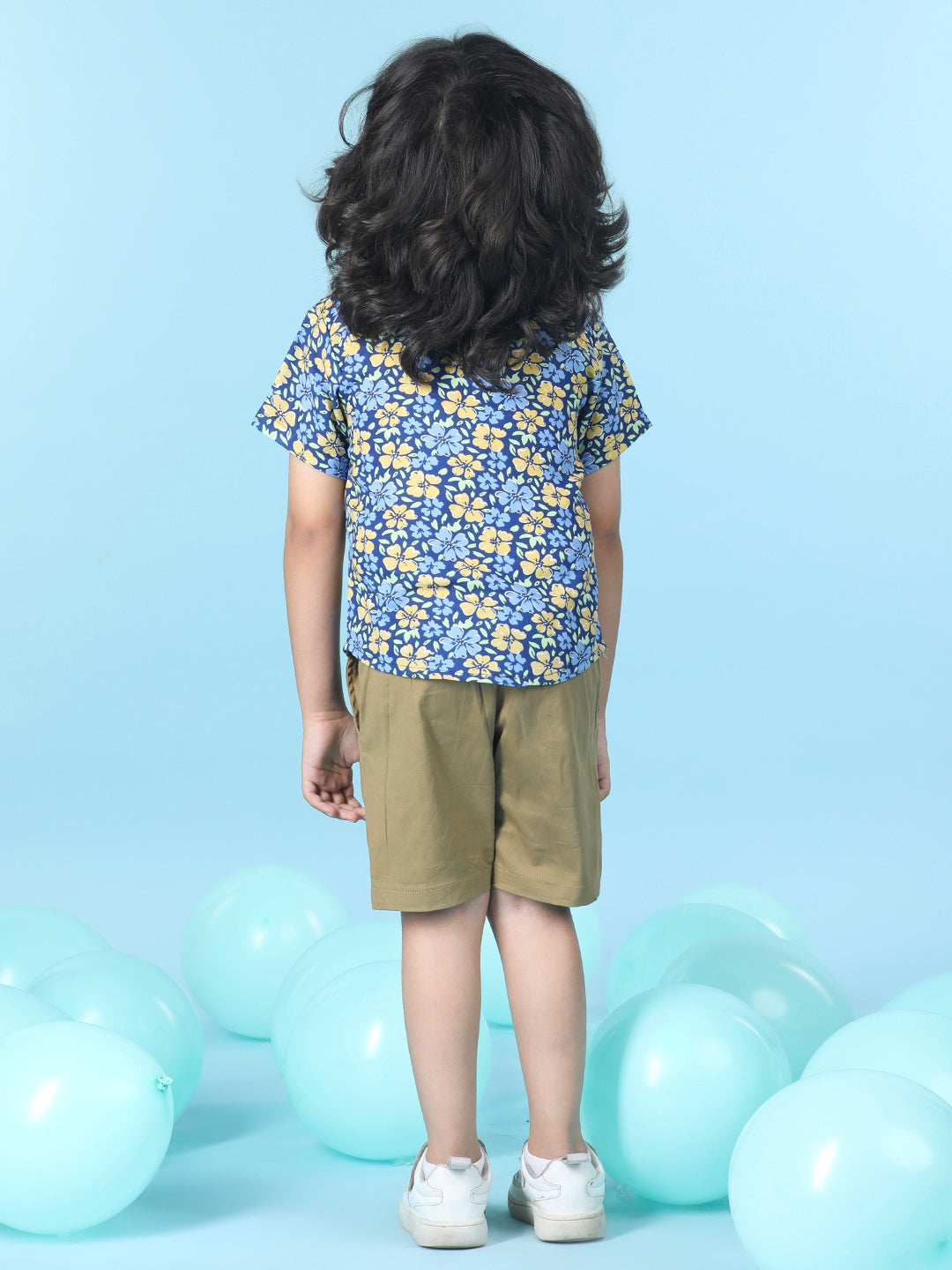 Cutiekins Boys Floral Print Shirt With Solid Short -Navy Blue & Camel Brown