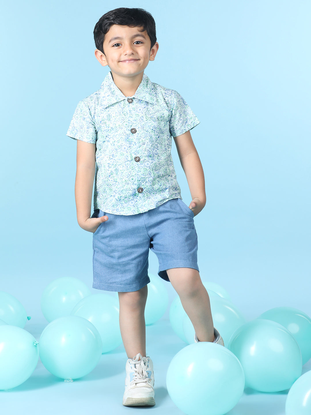 Cutiekins Boys Printed Shirt With Solid Short -Off White & Steel Blue