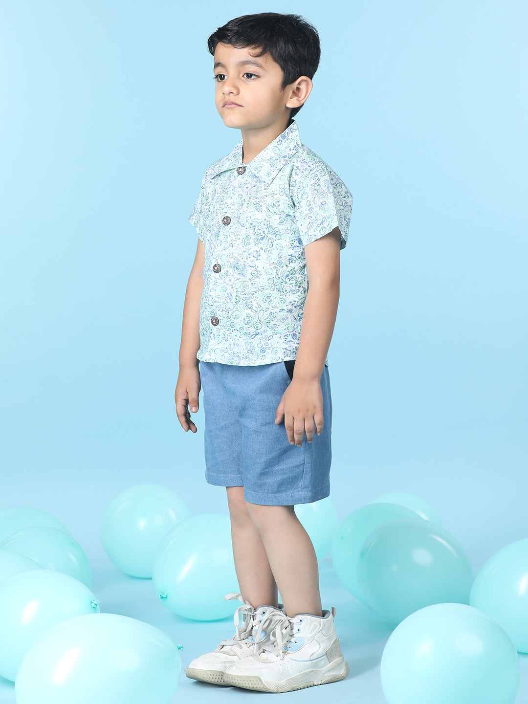 Cutiekins Boys Printed Shirt With Solid Short -Off White & Steel Blue