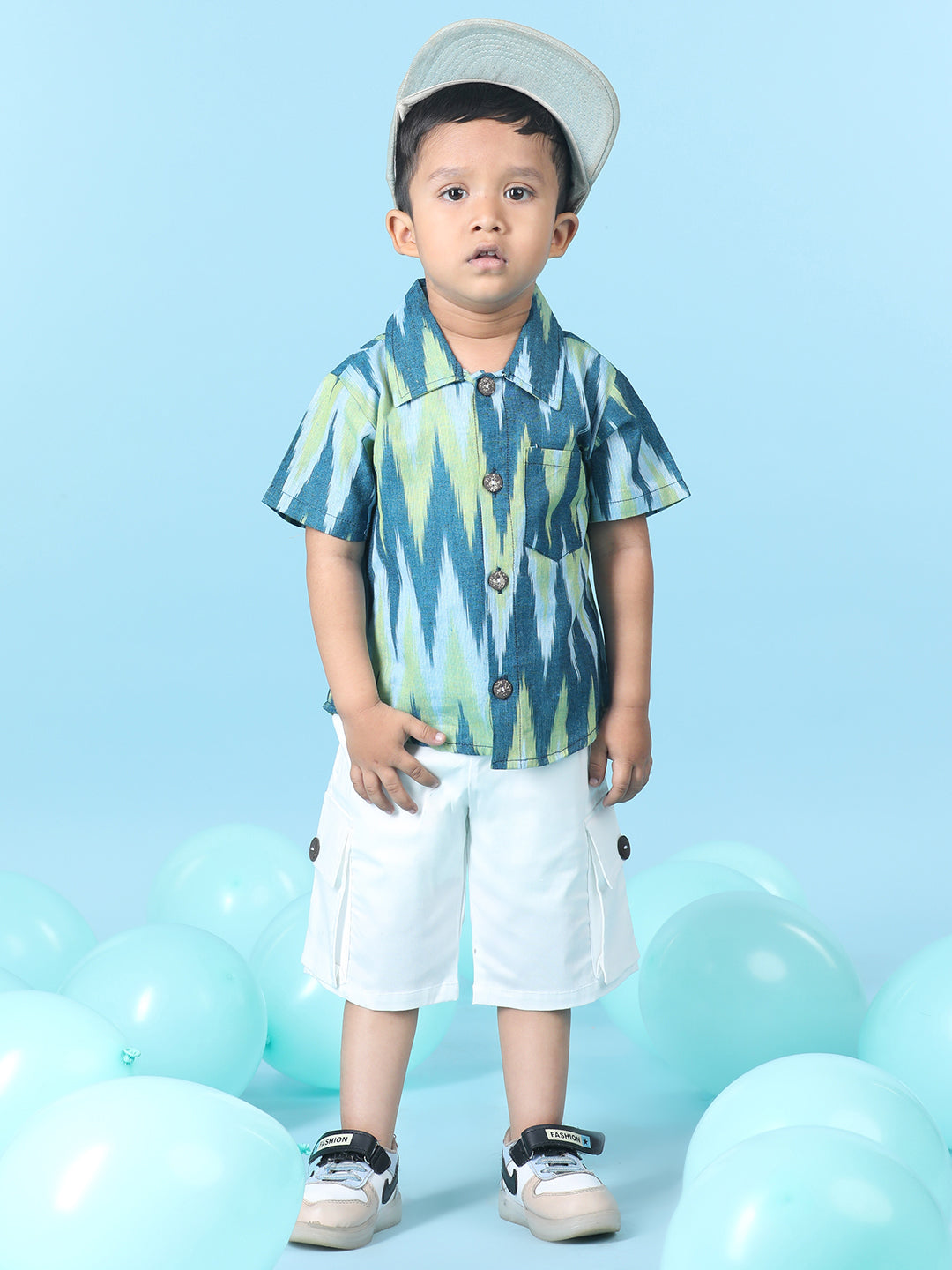 Cutiekins Boys Abstract Print Shirt With Solid Denim Short -Ocean Blue & White