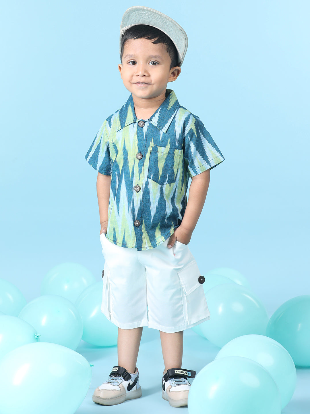 Cutiekins Boys Abstract Print Shirt With Solid Denim Short -Ocean Blue & White
