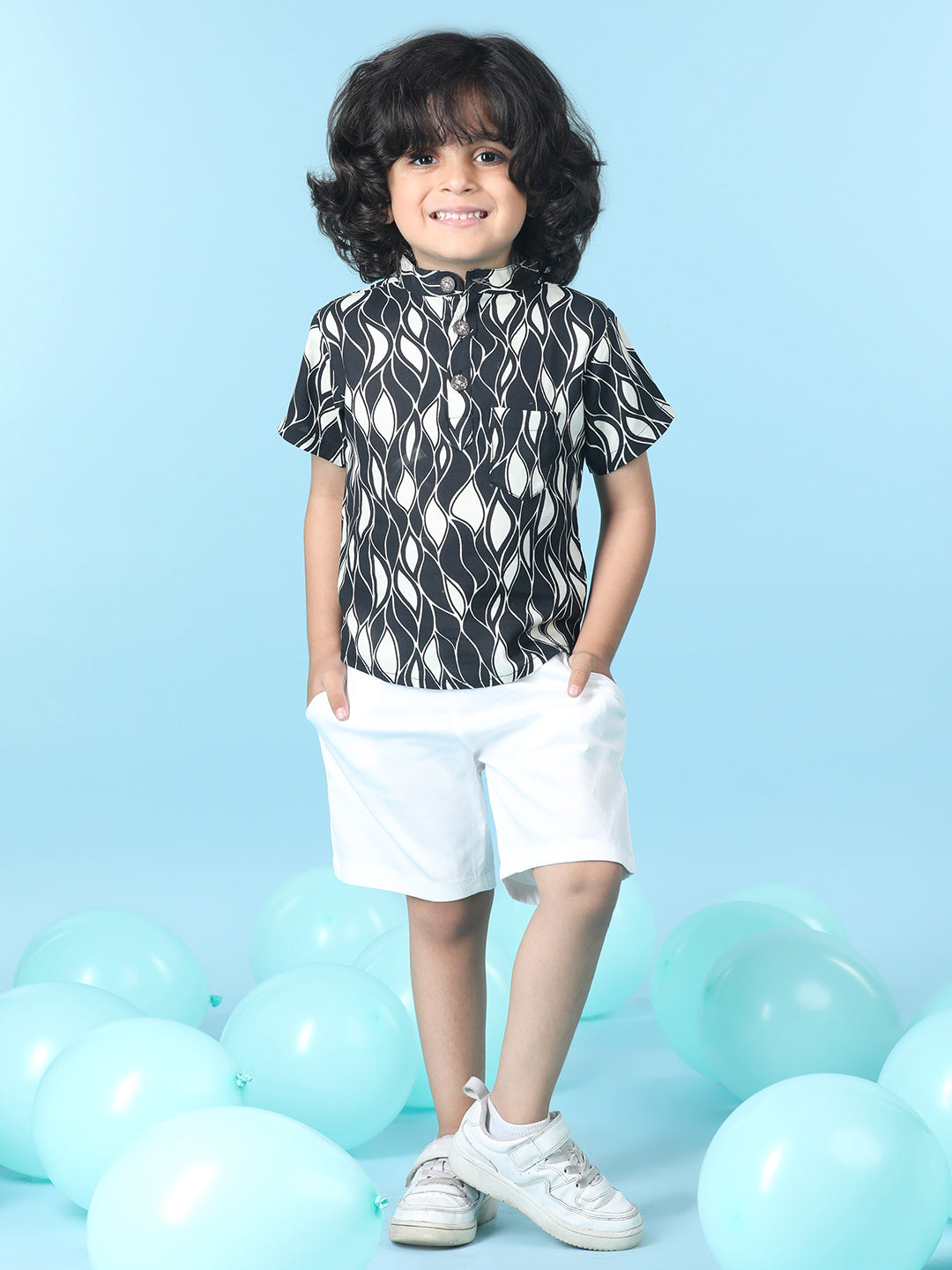 Cutiekins Boys Abstract Print T-Shirt With Solid Short -Black & White