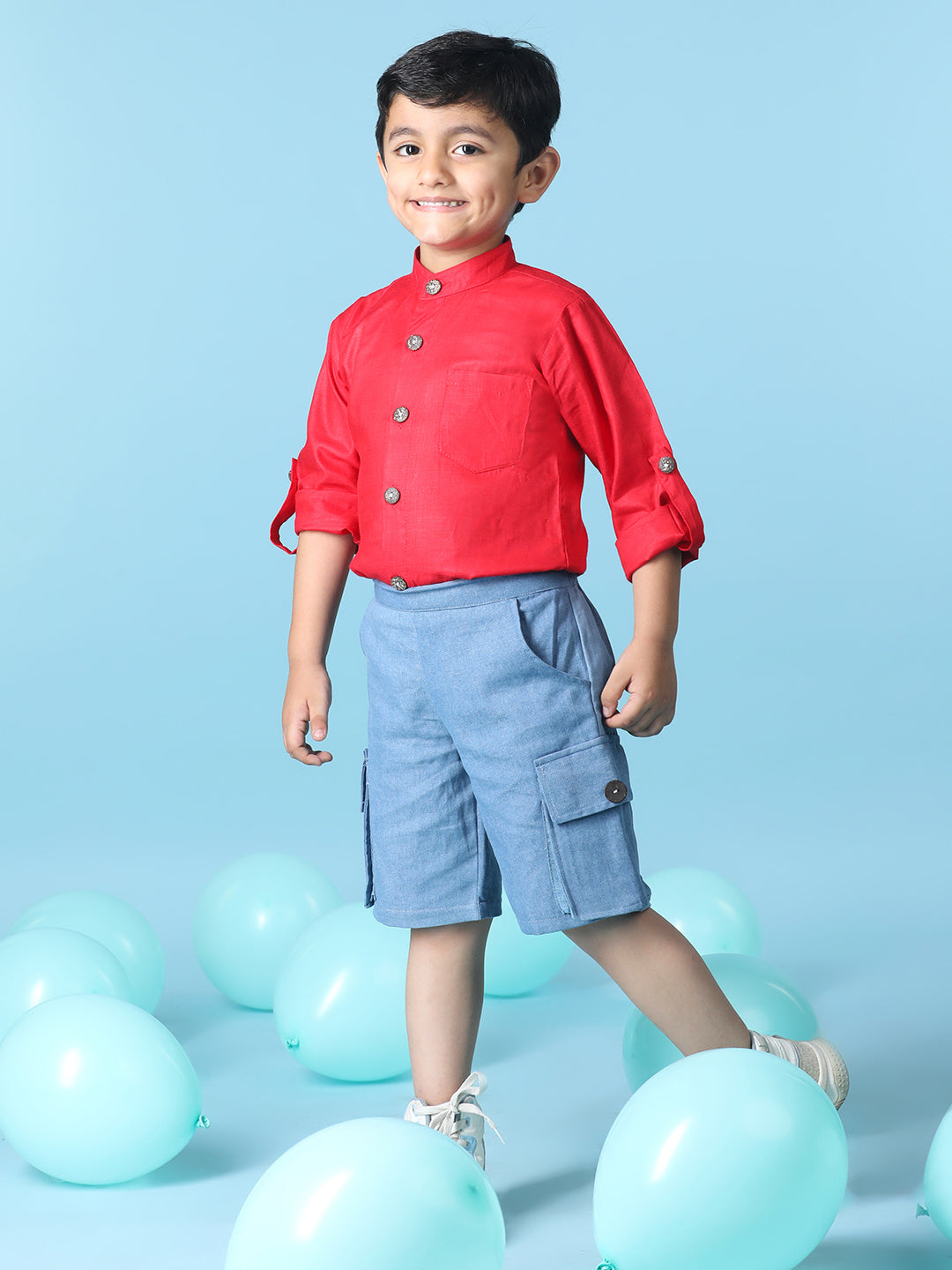 Cutiekins Boys Solid Shirt With Solid Denim Short -Red & Steel Blue