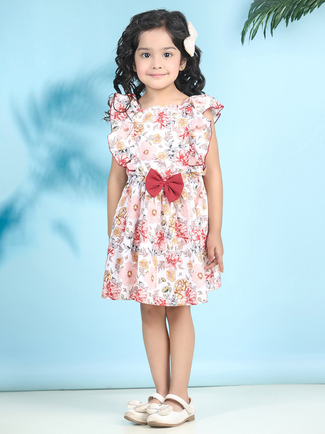 Cutiekins Girls Trendy & Stylish Floral Printed Dress -Off White & Multi