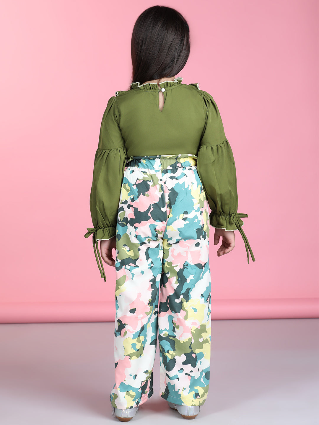 Cutiekins Polyester Solid Top & Printed Palazzos Set -Green & Off White