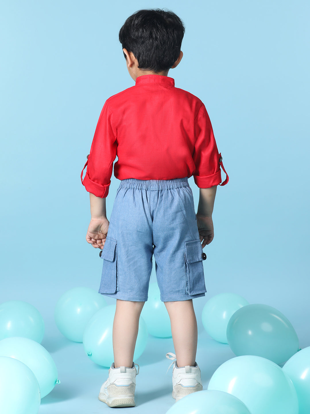 Cutiekins Boys Solid Shirt With Solid Denim Short -Red & Steel Blue