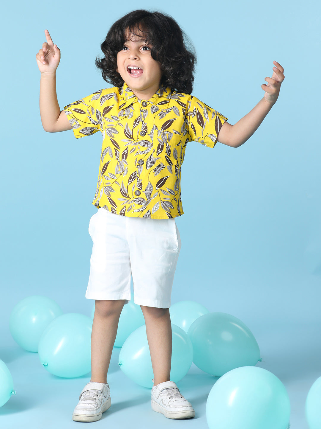 Cutiekins Boys Tropical Print Shirt With Solid Short -Yellow & White