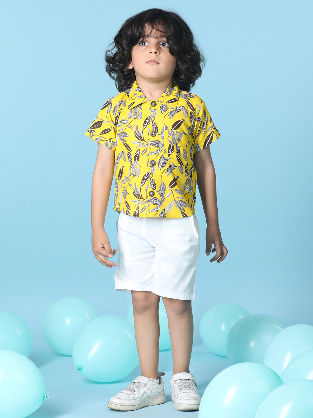 Cutiekins Boys Tropical Print Shirt With Solid Short -Yellow & White