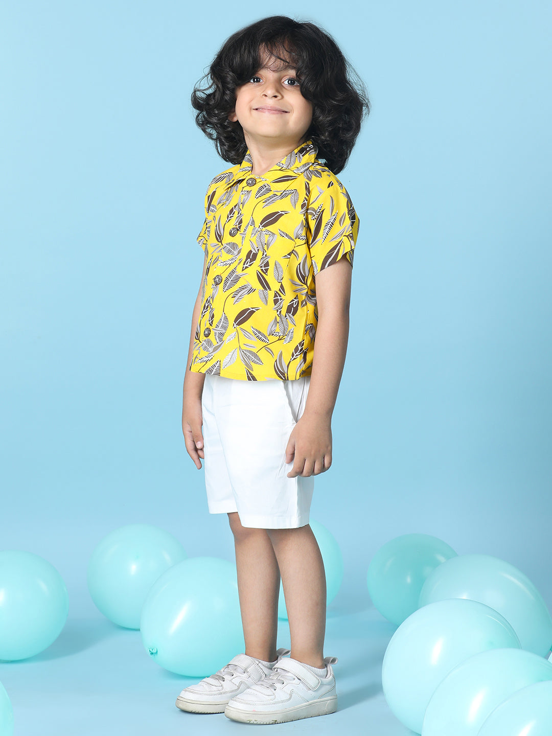 Cutiekins Boys Tropical Print Shirt With Solid Short -Yellow & White
