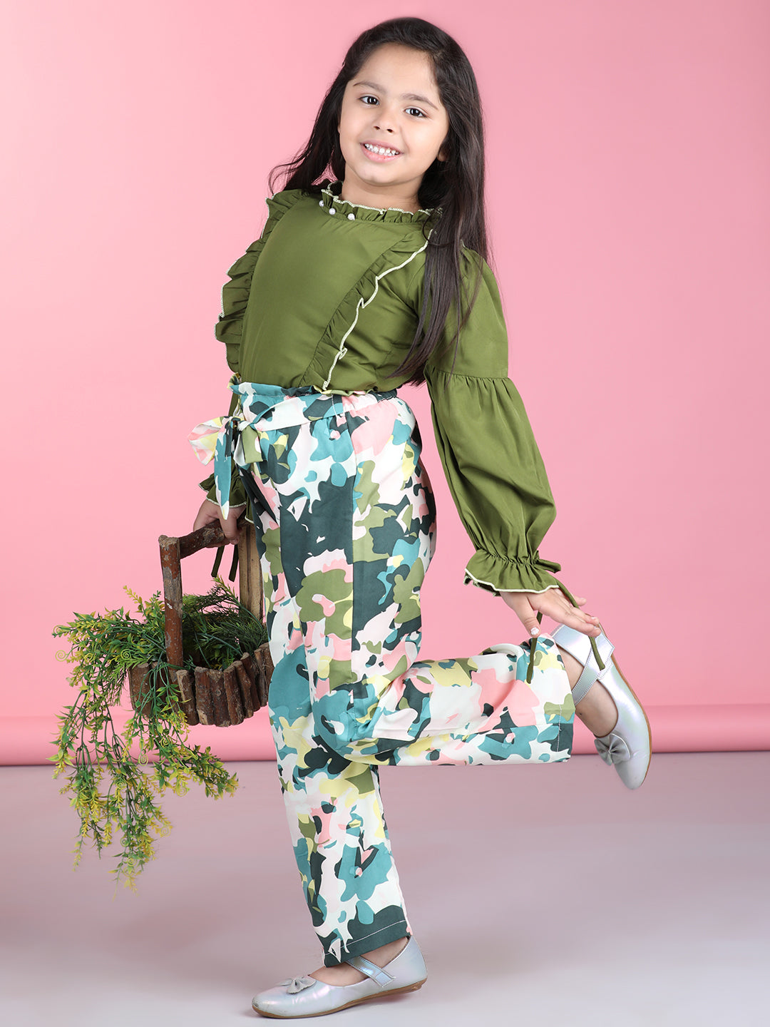 Cutiekins Polyester Solid Top & Printed Palazzos Set -Green & Off White