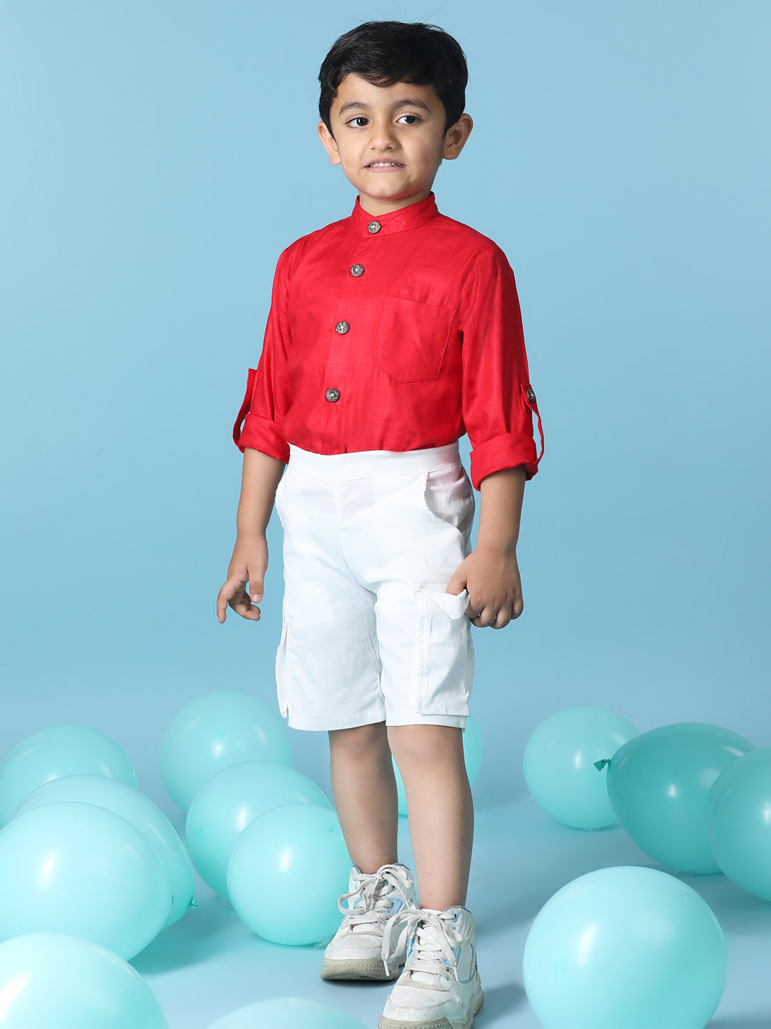 Cutiekins Boys Solid Shirt With Solid Denim Short -Red & White