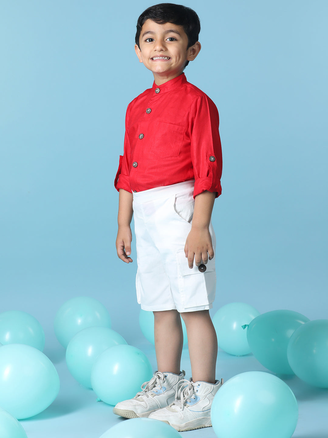 Cutiekins Boys Solid Shirt With Solid Denim Short -Red & White
