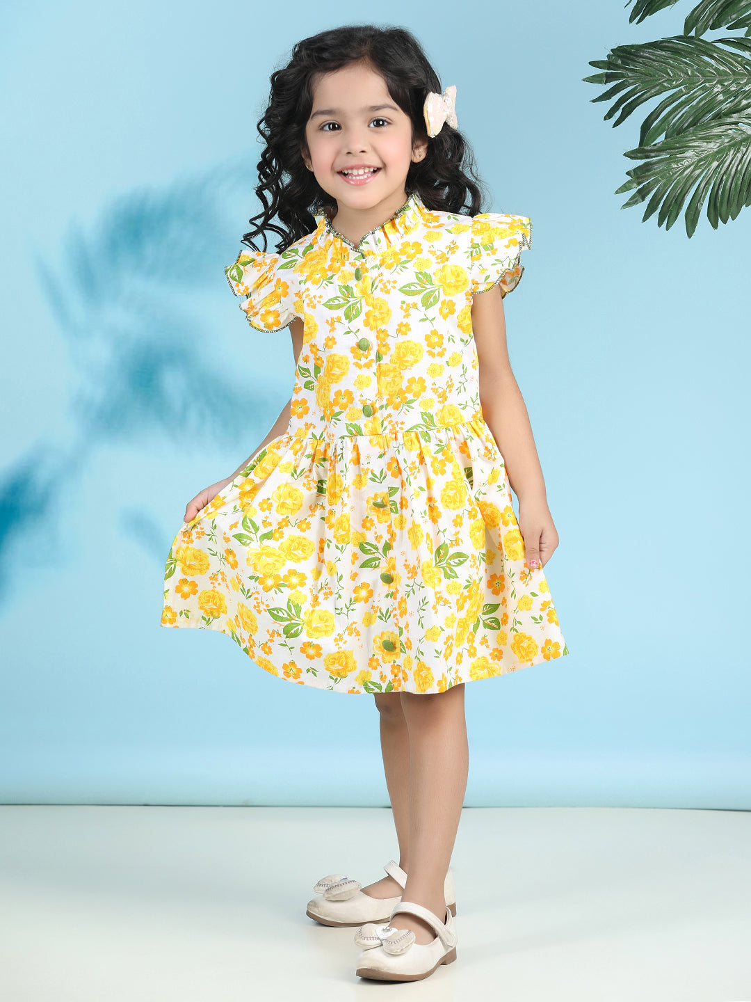 Cutiekins Girls Trendy & Stylish Floral Printed Dress -Off White & Yellow