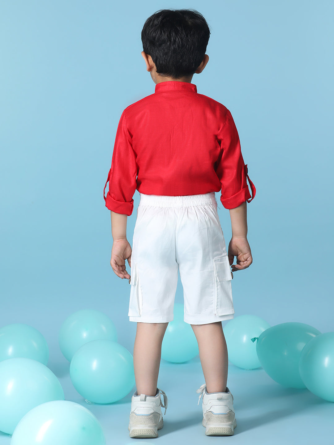 Cutiekins Boys Solid Shirt With Solid Denim Short -Red & White