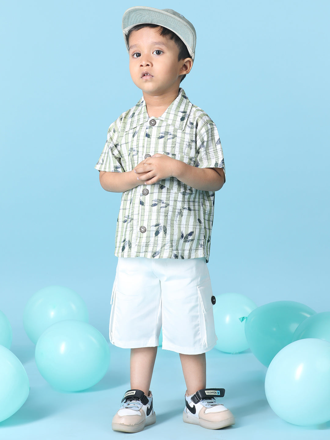 Cutiekins Boys Tropical Print Shirt With Solid Denim Short -Green & White