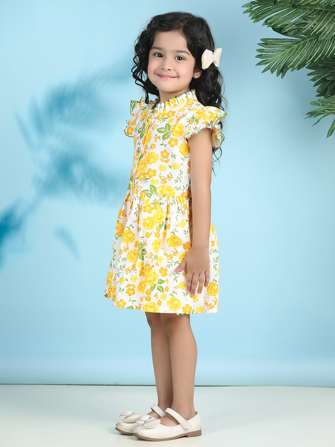 Cutiekins Girls Trendy & Stylish Floral Printed Dress -Off White & Yellow