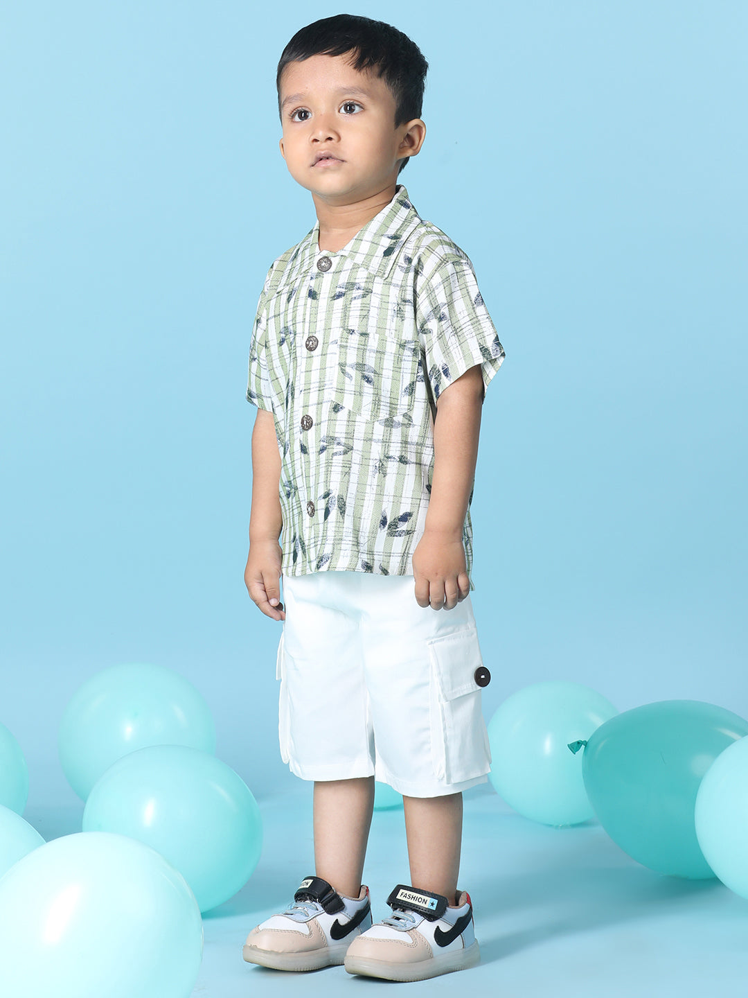 Cutiekins Boys Tropical Print Shirt With Solid Denim Short -Green & White