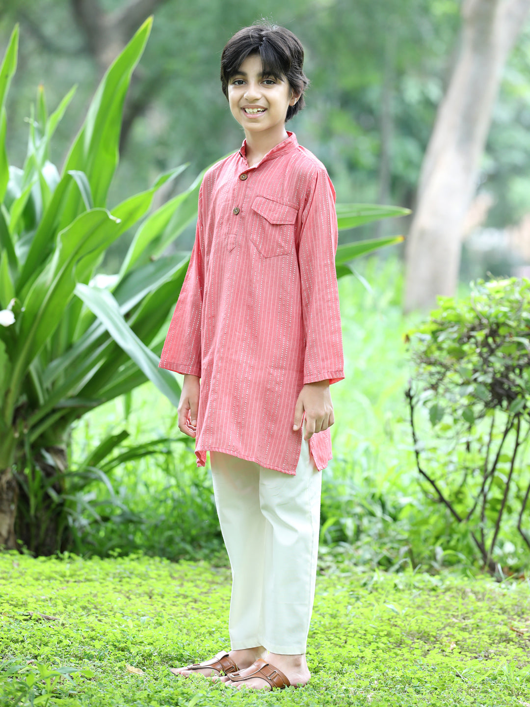 Cutiekins Printed Kurta and Pajama Set- Peach & Off White