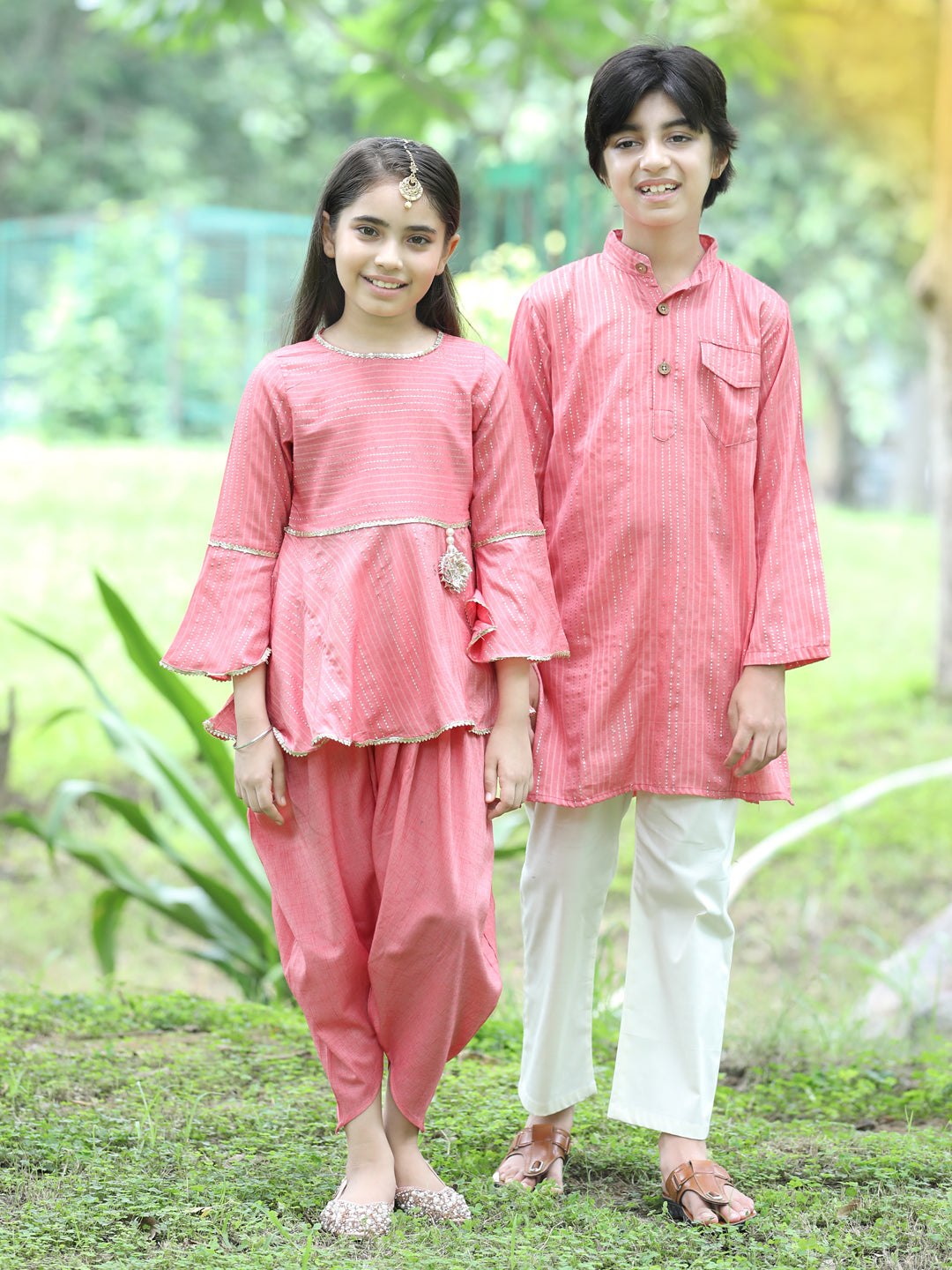 Cutiekins Ethnic Motif Printed Peplum Kurta & Dhoti Set-Peach & Gold