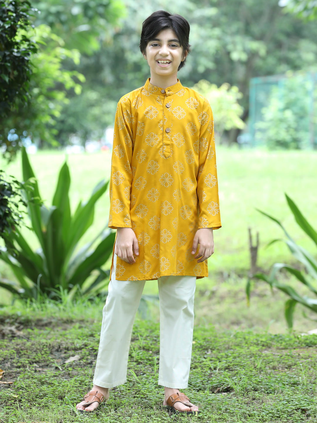 Cutiekins Printed Kurta and Pajama Set- Mustard & Off White