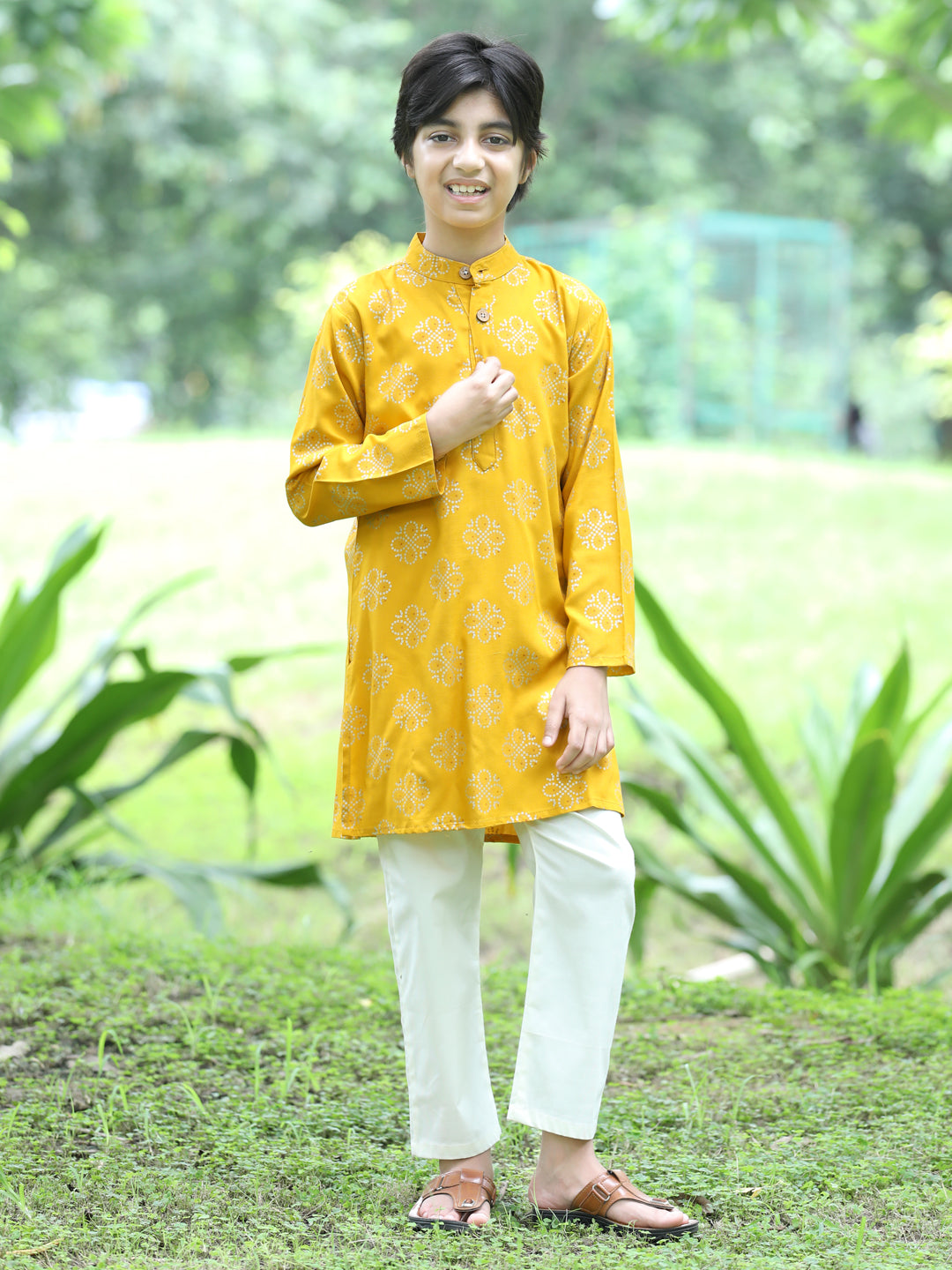 Cutiekins Printed Kurta and Pajama Set- Mustard & Off White