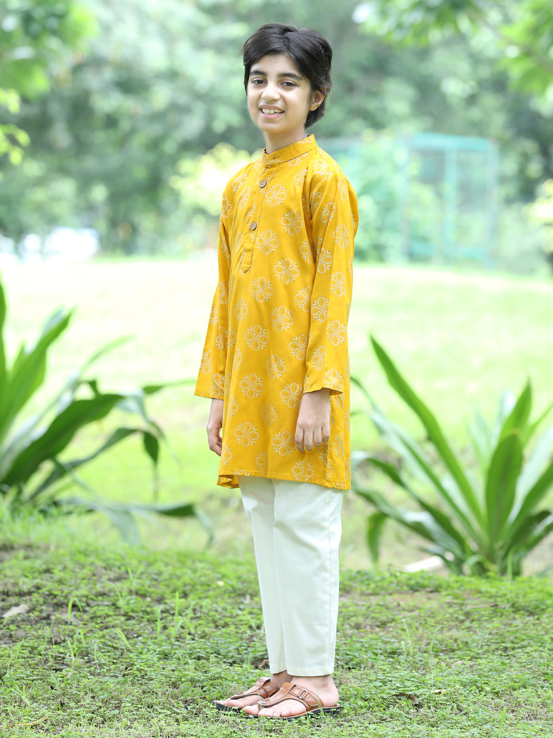 Cutiekins Printed Kurta and Pajama Set- Mustard & Off White