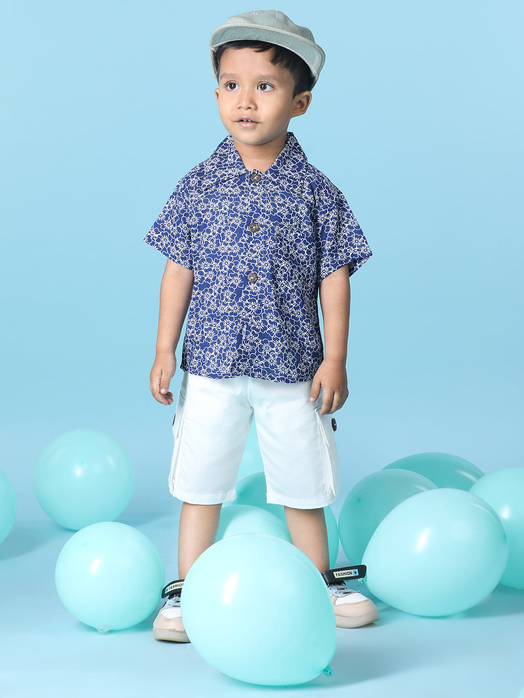 Cutiekins Boys Floral Print Shirt With Solid Denim Short -Navy Blue & White