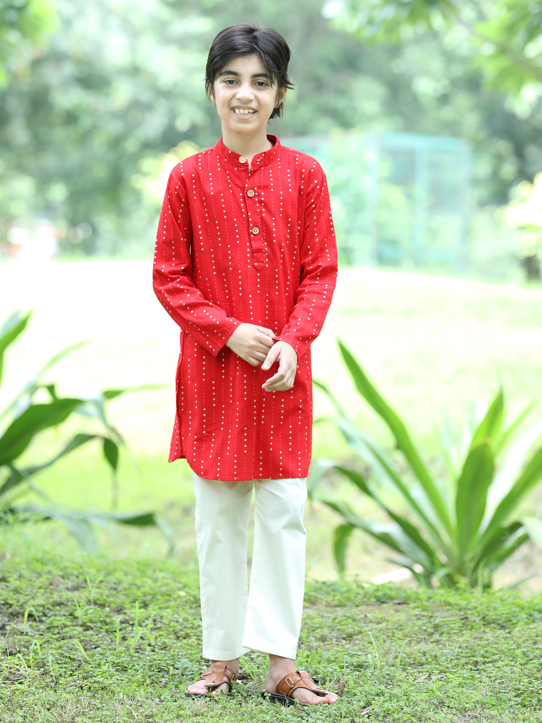 Cutiekins Printed Kurta and Pajama Set- Red & Off White