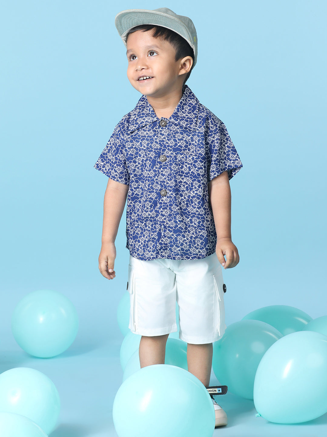 Cutiekins Boys Floral Print Shirt With Solid Denim Short -Navy Blue & White