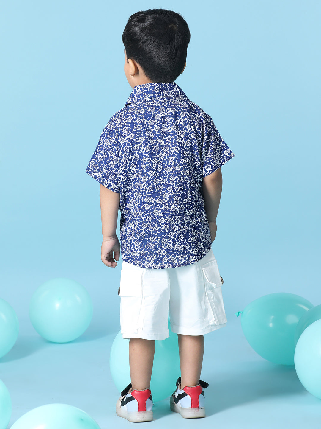 Cutiekins Boys Floral Print Shirt With Solid Denim Short -Navy Blue & White