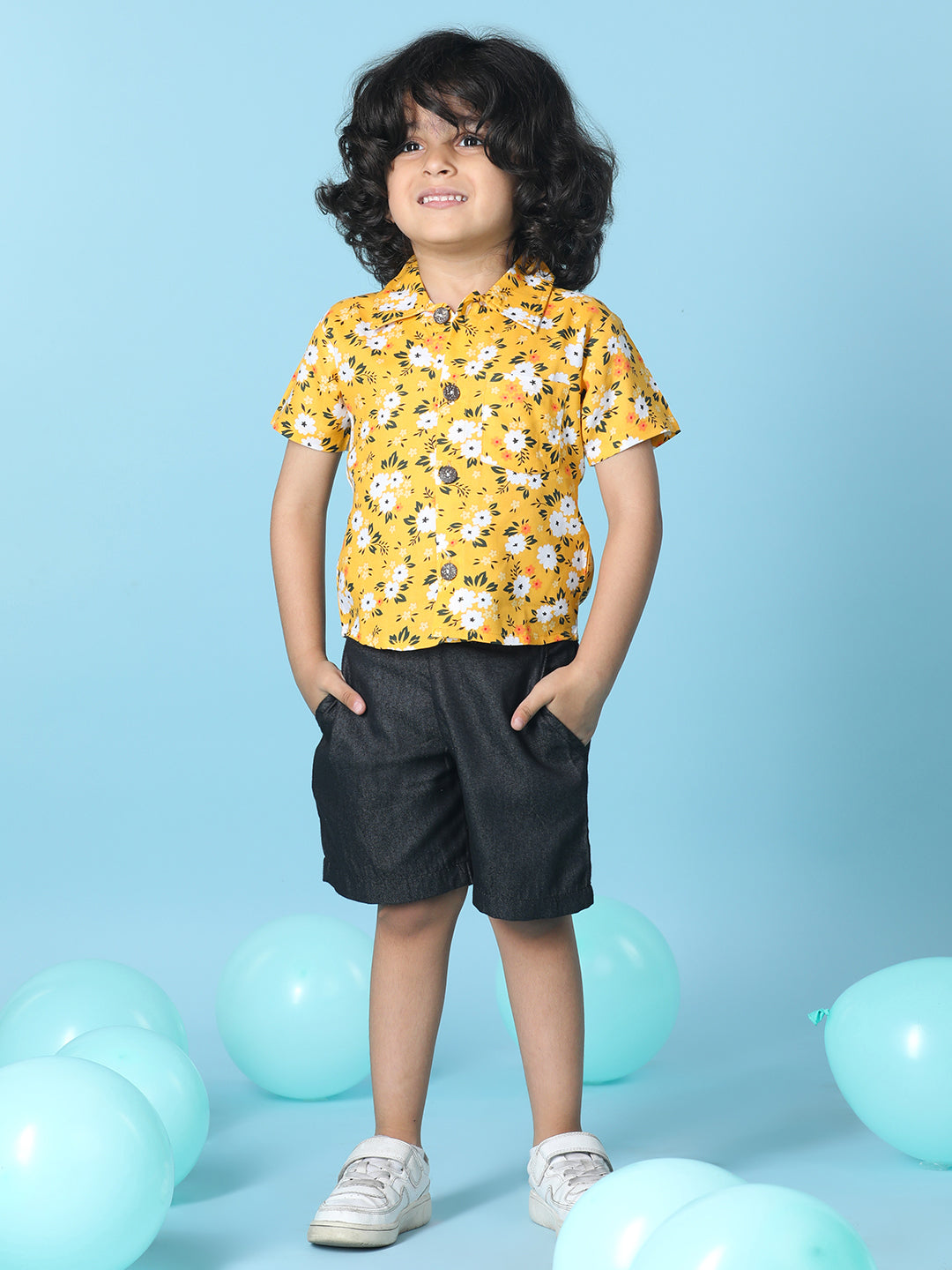 Cutiekins Boys Tropical Print Shirt With Solid Short -Mustard & Black