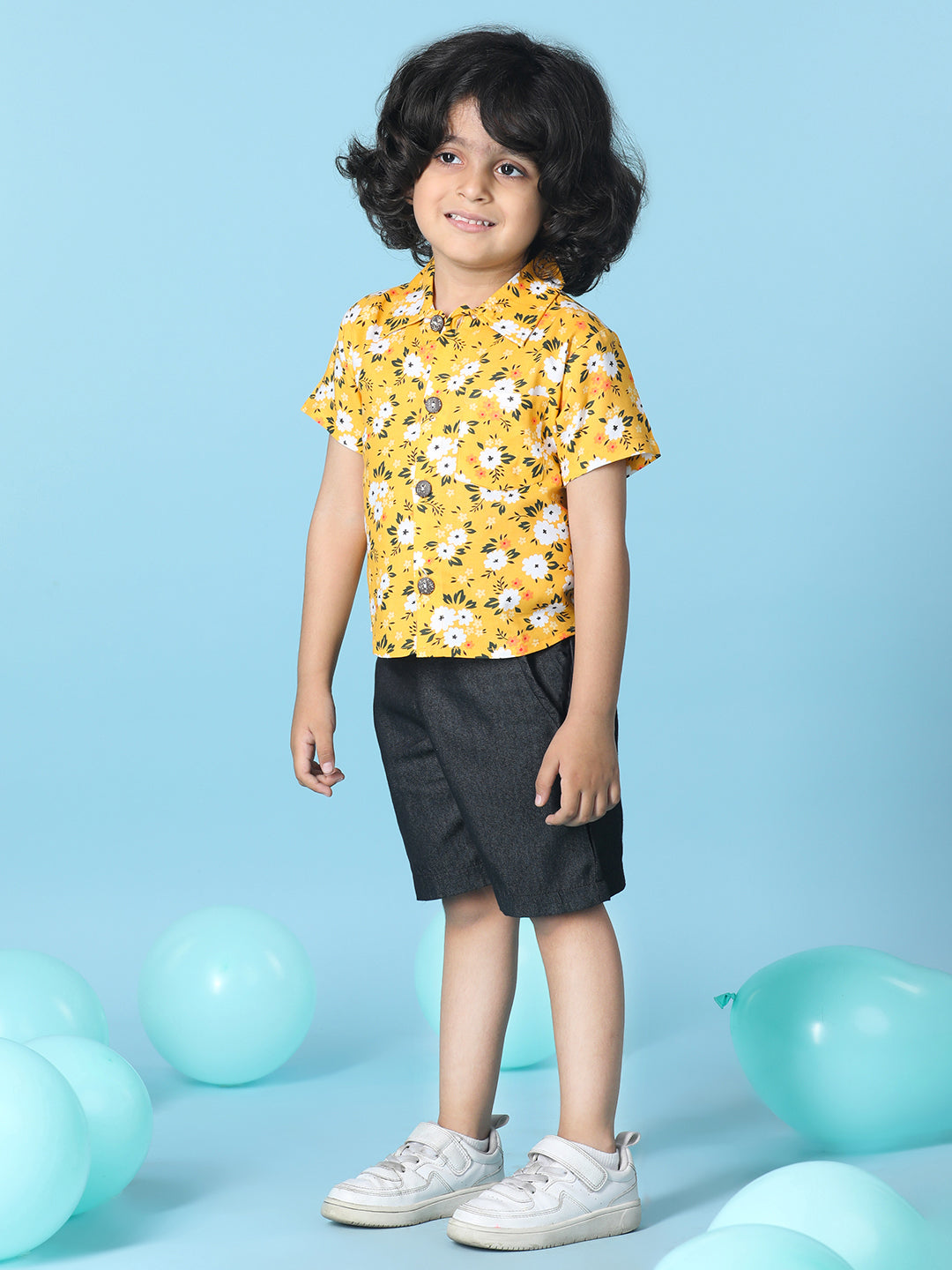 Cutiekins Boys Tropical Print Shirt With Solid Short -Mustard & Black