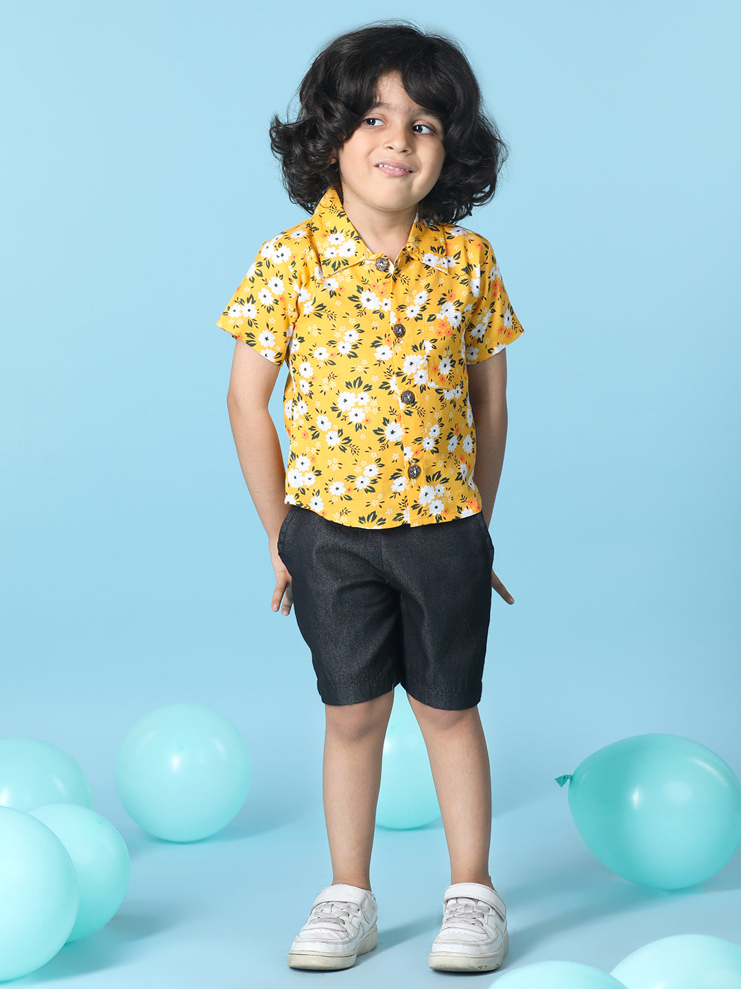 Cutiekins Boys Tropical Print Shirt With Solid Short -Mustard & Black