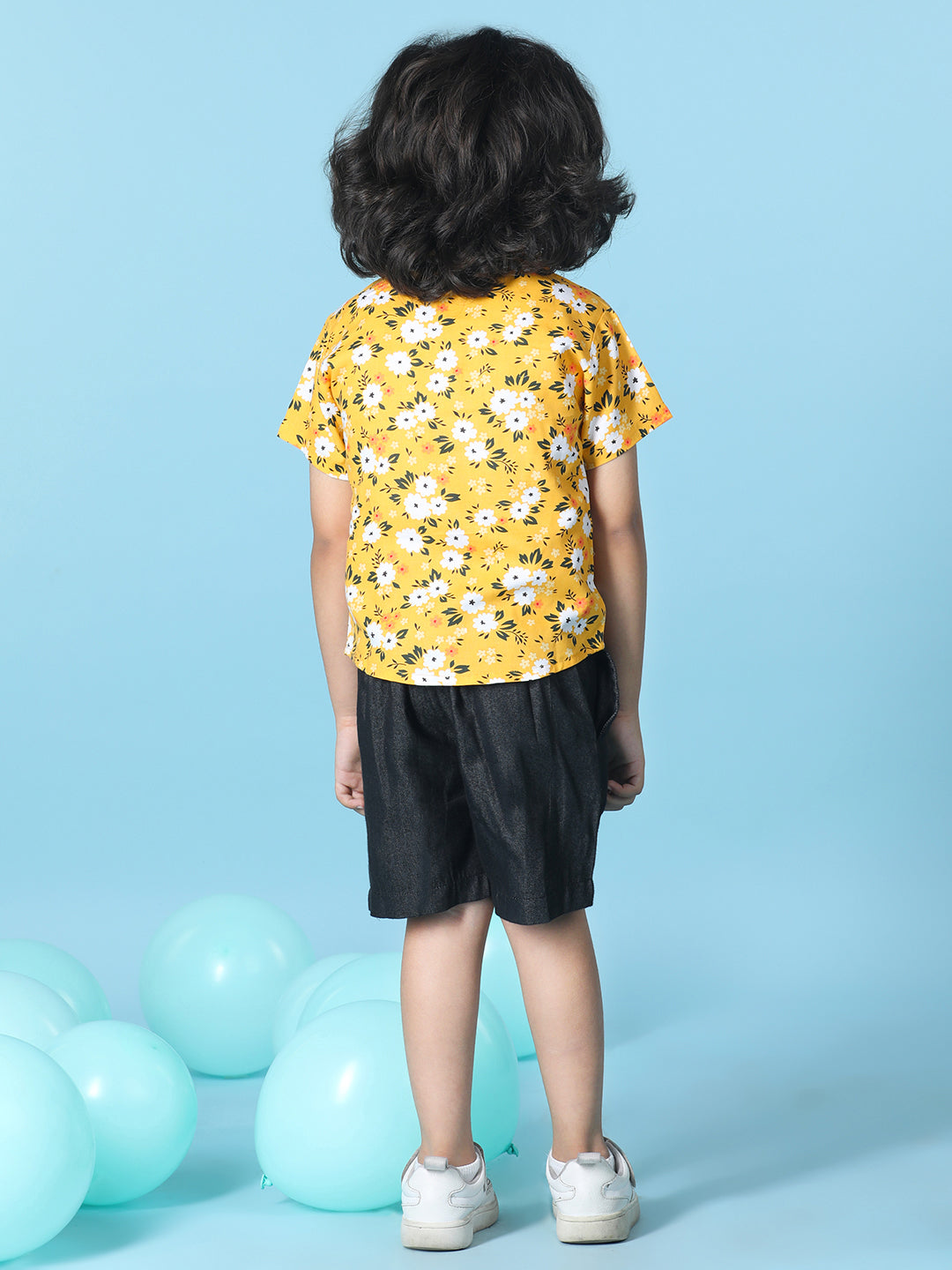 Cutiekins Boys Tropical Print Shirt With Solid Short -Mustard & Black