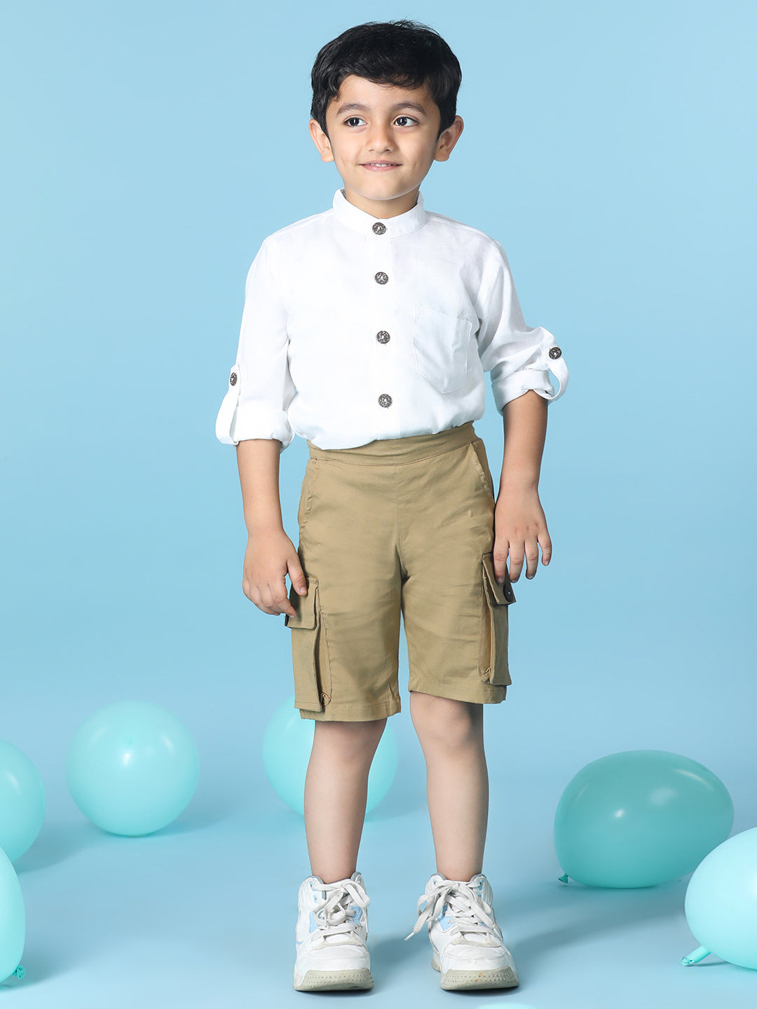 Cutiekins Boys Solid Shirt With Solid Denim Short -Off White & Camel Brown