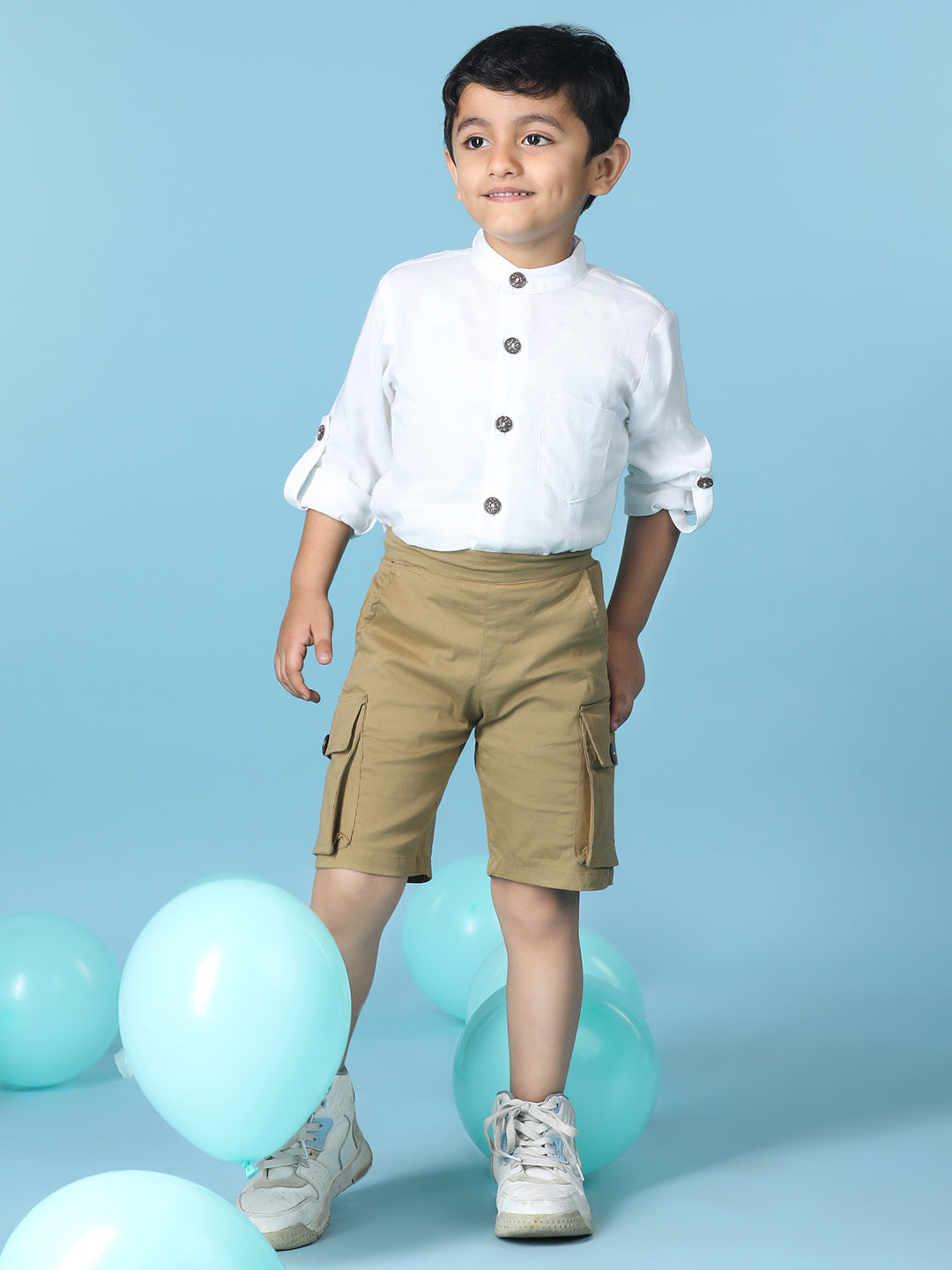 Cutiekins Boys Solid Shirt With Solid Denim Short -Off White & Camel Brown