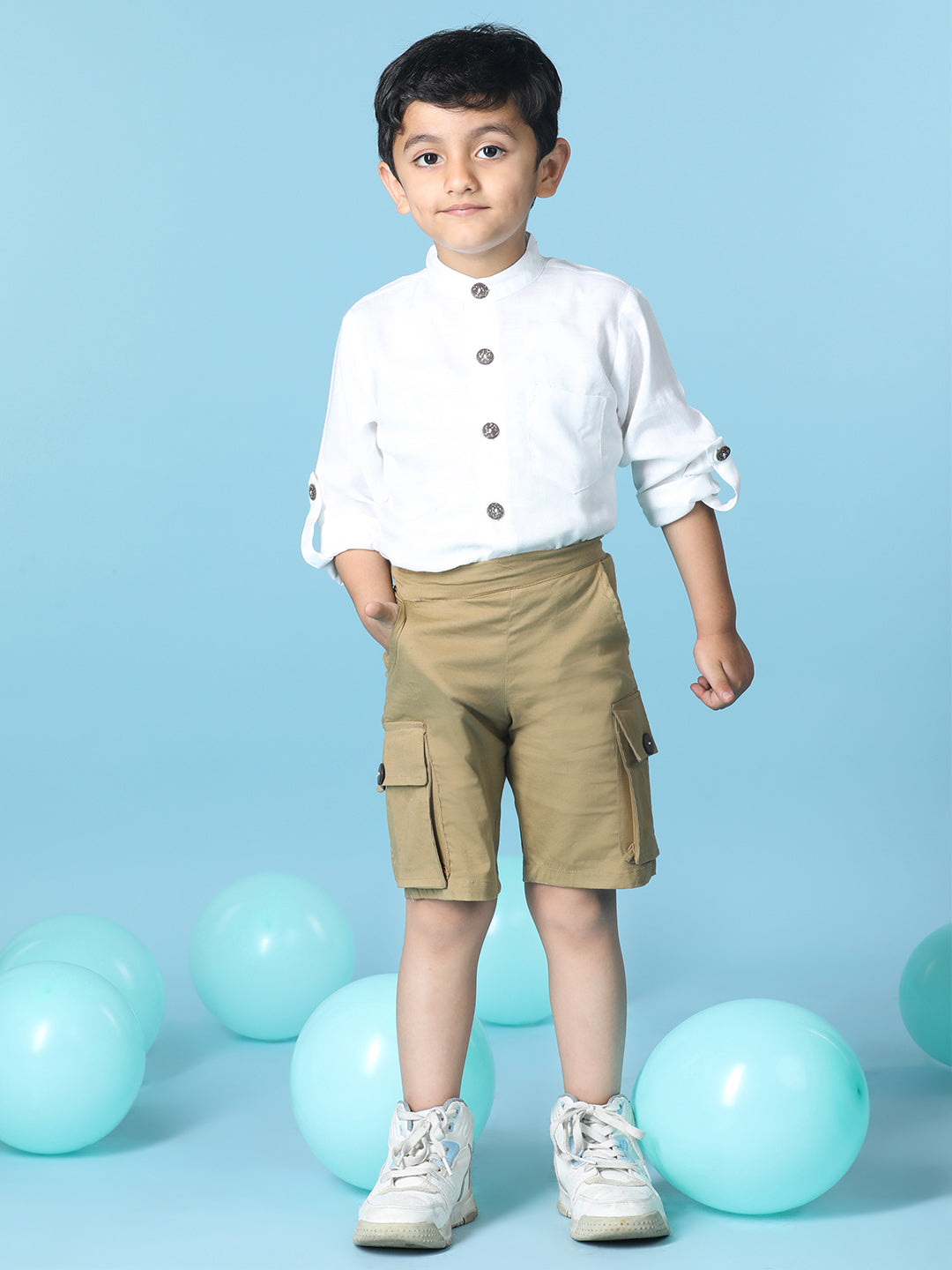 Cutiekins Boys Solid Shirt With Solid Denim Short -Off White & Camel Brown