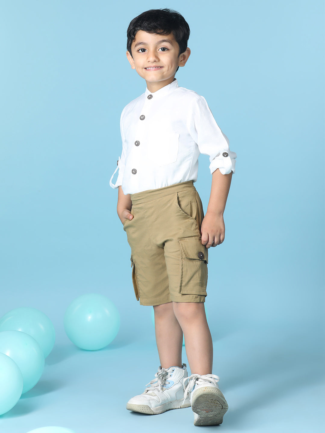 Cutiekins Boys Solid Shirt With Solid Denim Short -Off White & Camel Brown