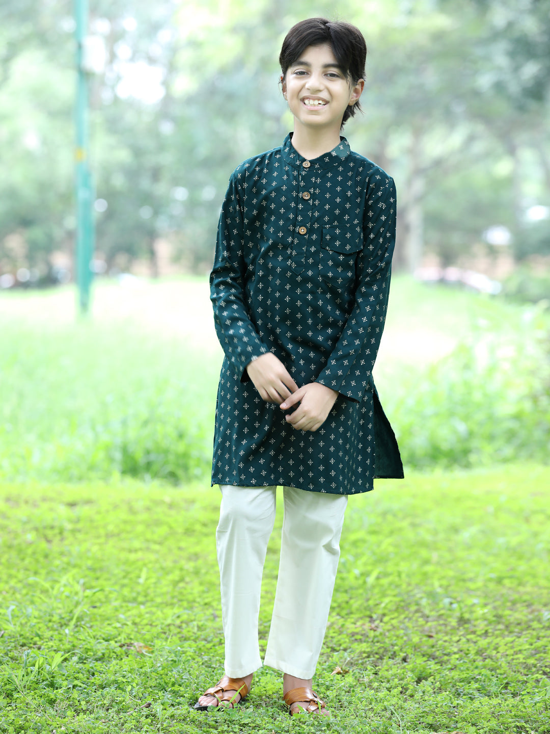 Cutiekins Printed Kurta and Pajama Set-Dark Green & Off White