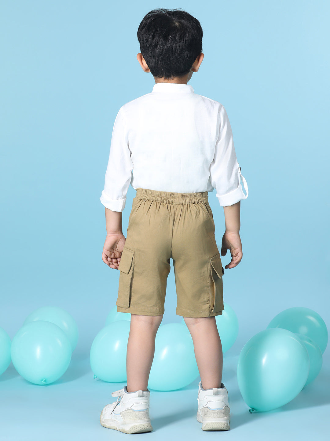 Cutiekins Boys Solid Shirt With Solid Denim Short -Off White & Camel Brown