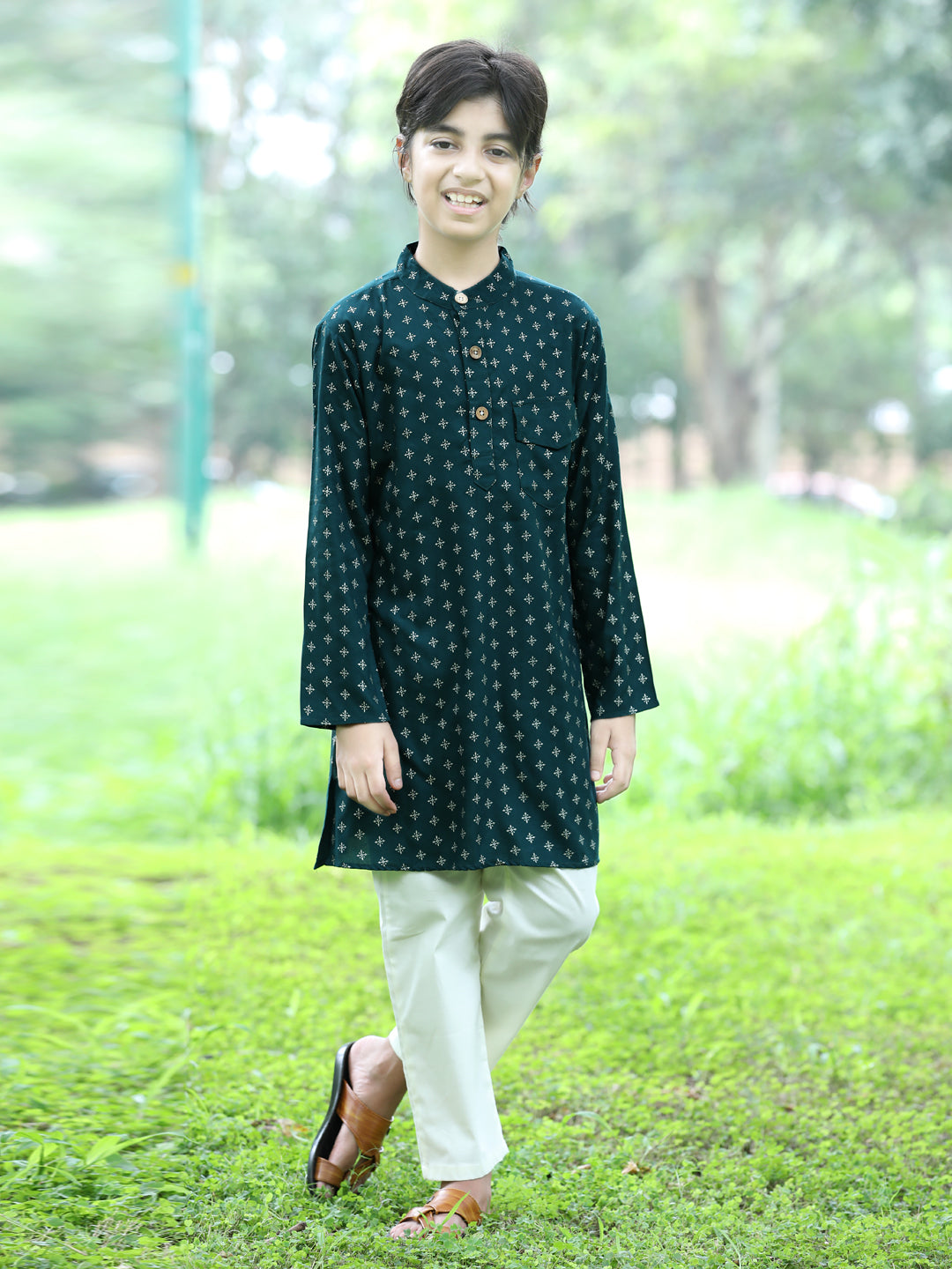 Cutiekins Printed Kurta and Pajama Set-Dark Green & Off White