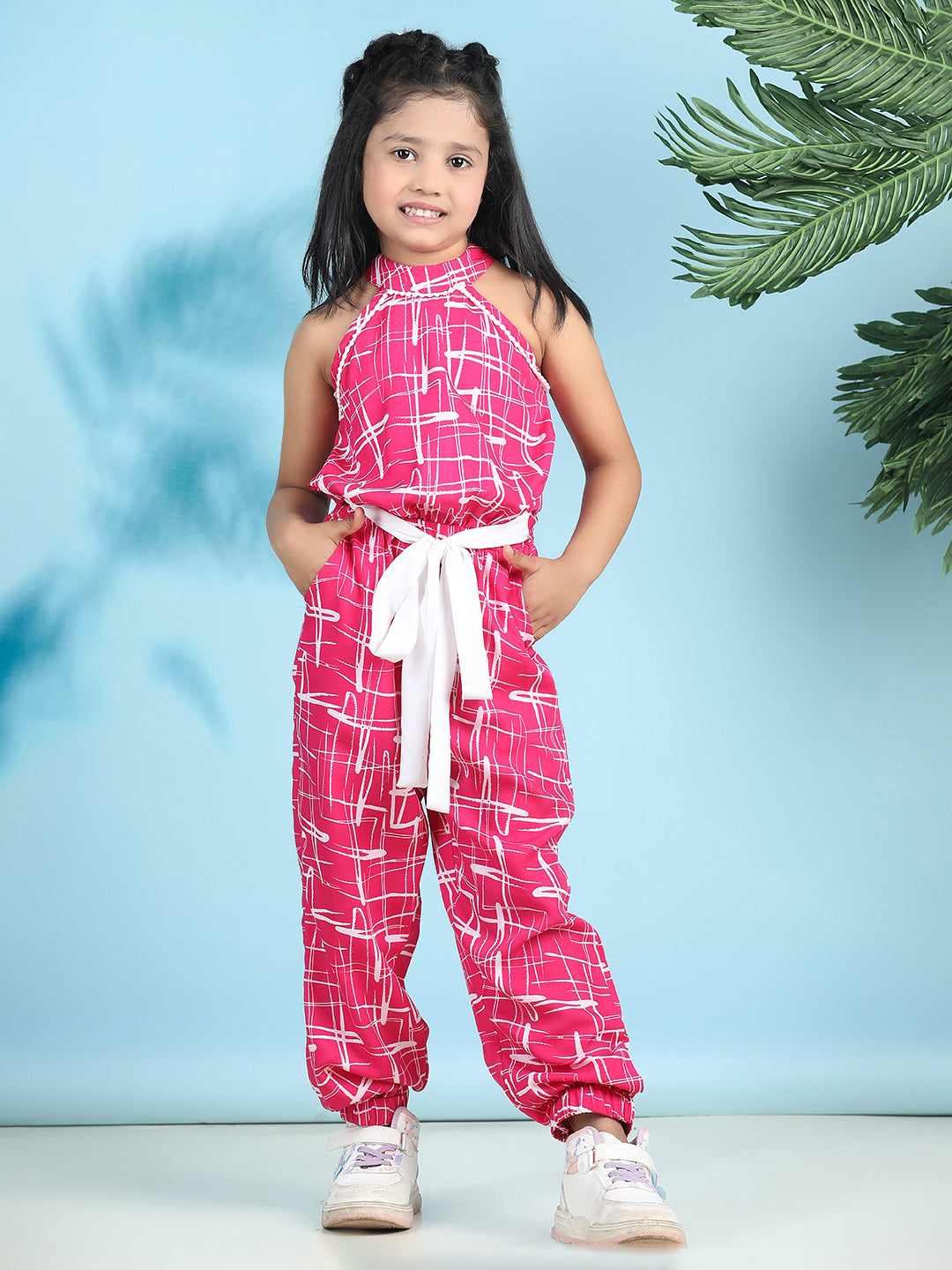 Cutiekins Stylish & Trendy Printed Jumpsuit for Kids -Pink & Off White