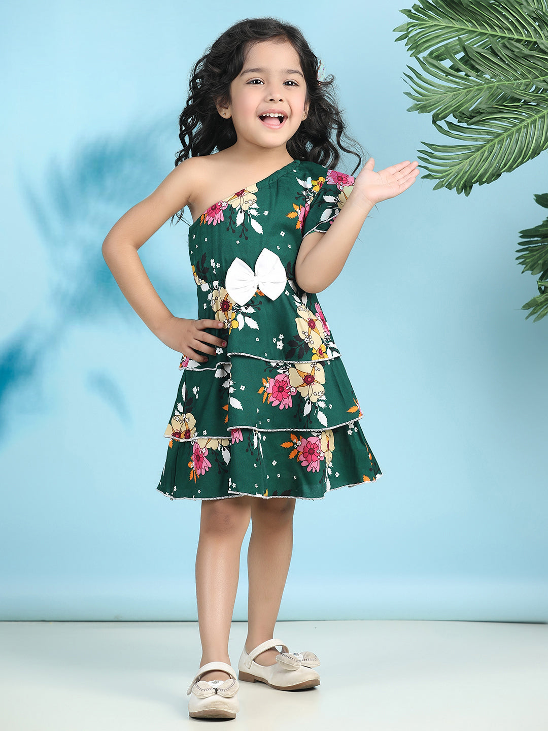 Cutiekins Girls Trendy & Stylish Floral Printed Dress -Dark Green & Off White