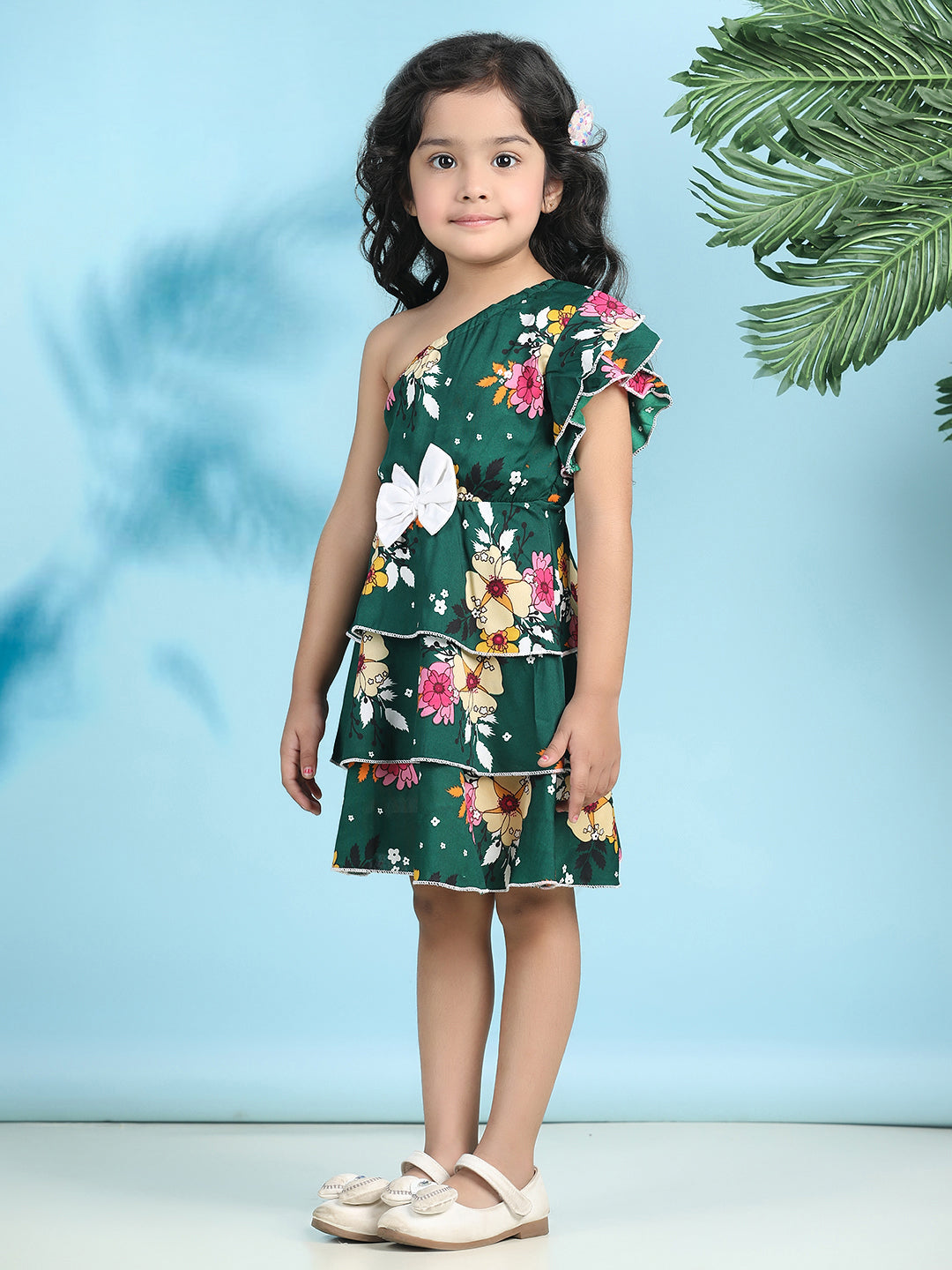 Cutiekins Girls Trendy & Stylish Floral Printed Dress -Dark Green & Off White