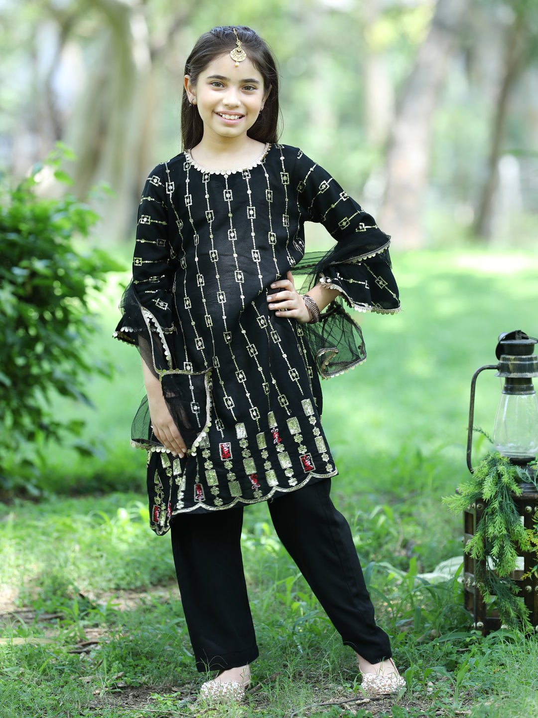 Cutiekins Sequence Embroided A-line Kurta, Palazzos & Dupatta Set-Black & Golden