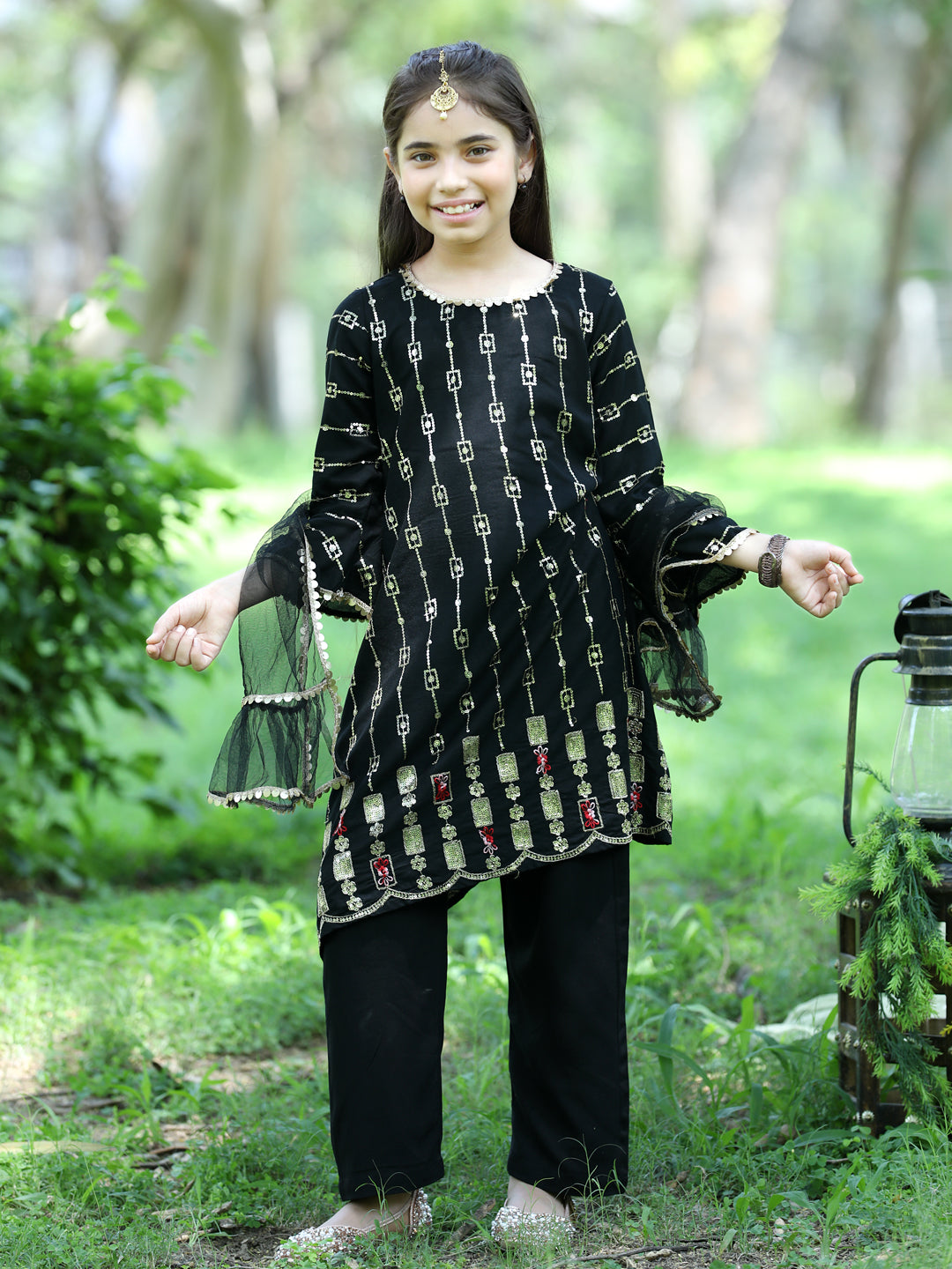 Cutiekins Sequence Embroided A-line Kurta, Palazzos & Dupatta Set-Black & Golden