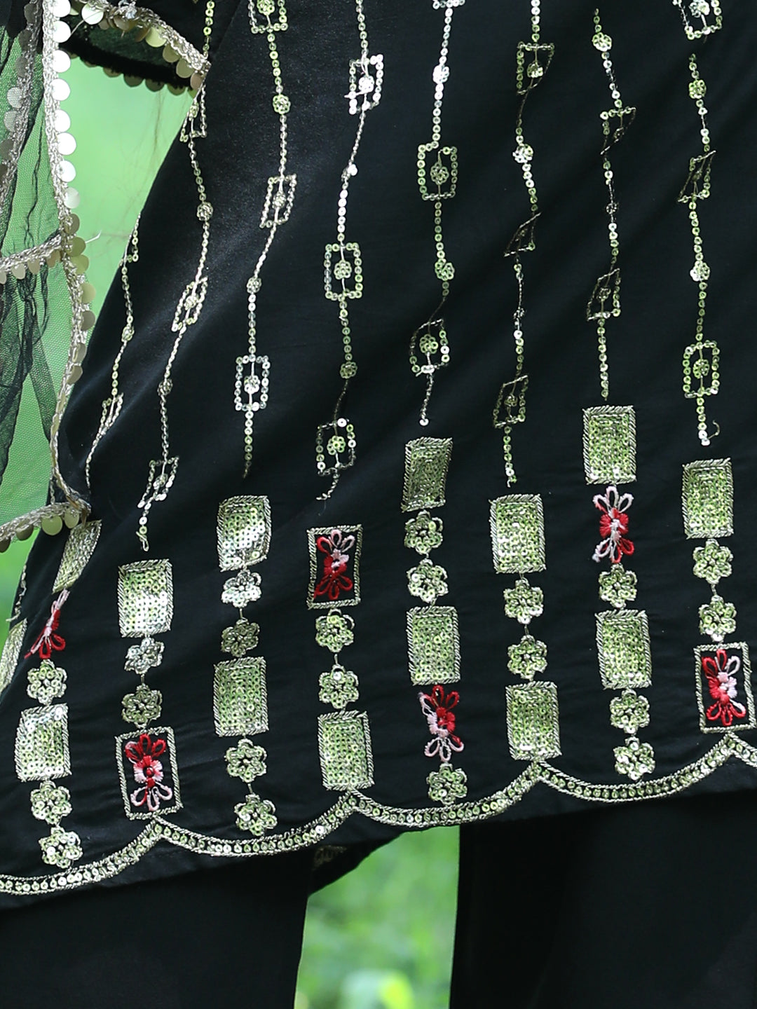 Cutiekins Sequence Embroided A-line Kurta, Palazzos & Dupatta Set-Black & Golden