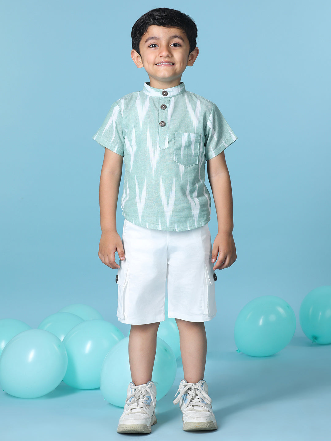 Cutiekins Boys Abstract Print T-Shirt With Solid Denim Short -Mint & White